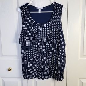 Dress Barn Tank Top Ruffled Polka Dot Scooped Neck Navy White Petite PL